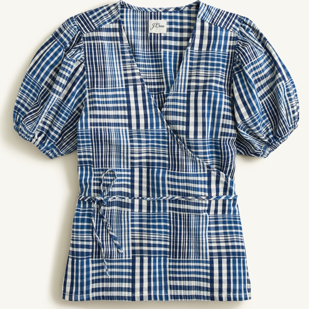 J. Crew Puff Sleeve Wrap Top In indigo Patchwork Size Small NWTS - Picture 6 of 7